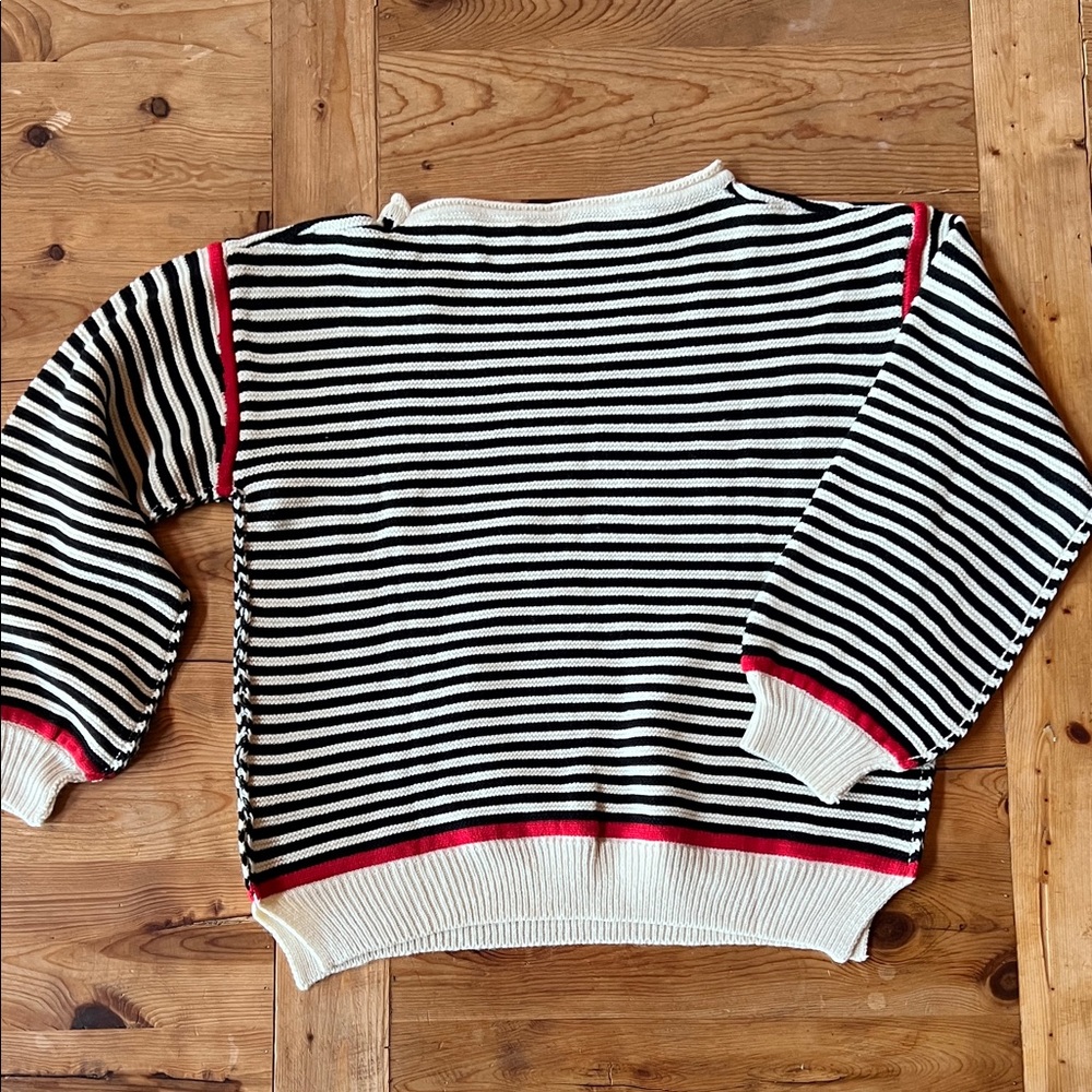 Striped Black and White Sweater with Red Accents